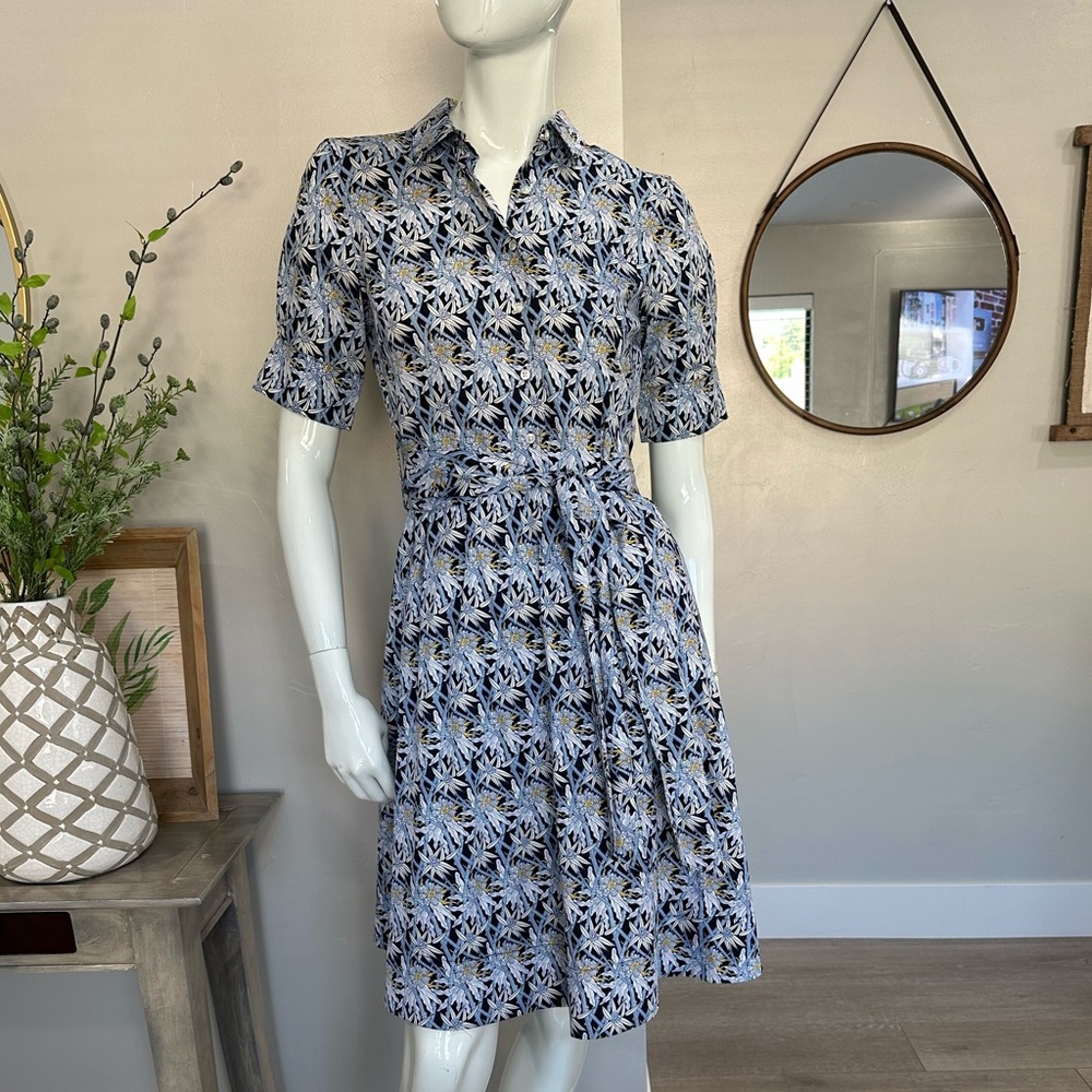 Brooks Brothers Dress Womens 2 Blue White Floral Cotton Fit n Flare Shirt Dress